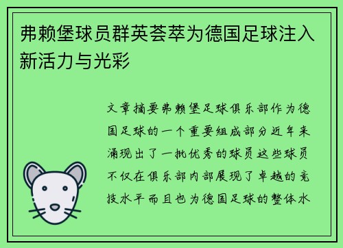 弗赖堡球员群英荟萃为德国足球注入新活力与光彩