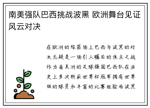 南美强队巴西挑战波黑 欧洲舞台见证风云对决