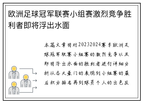 欧洲足球冠军联赛小组赛激烈竞争胜利者即将浮出水面
