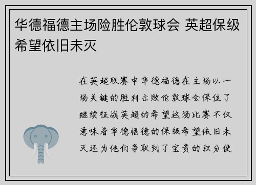 华德福德主场险胜伦敦球会 英超保级希望依旧未灭