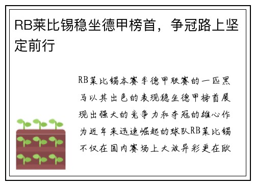 RB莱比锡稳坐德甲榜首，争冠路上坚定前行