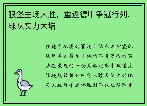 狼堡主场大胜，重返德甲争冠行列，球队实力大增