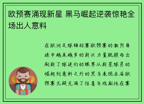欧预赛涌现新星 黑马崛起逆袭惊艳全场出人意料