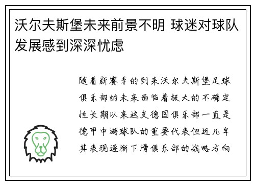 沃尔夫斯堡未来前景不明 球迷对球队发展感到深深忧虑