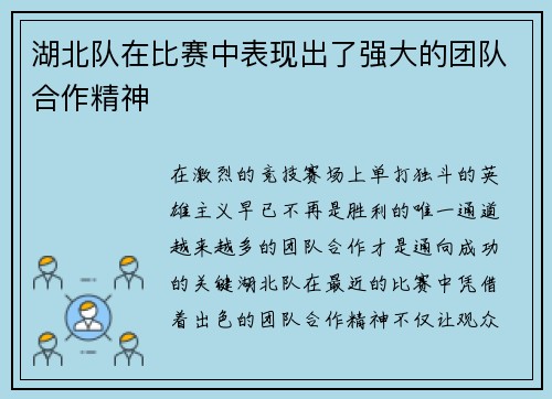 湖北队在比赛中表现出了强大的团队合作精神