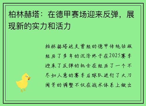 柏林赫塔：在德甲赛场迎来反弹，展现新的实力和活力