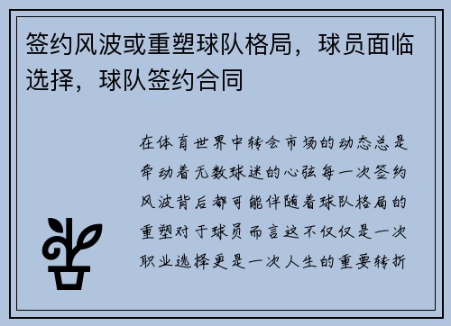 签约风波或重塑球队格局，球员面临选择，球队签约合同