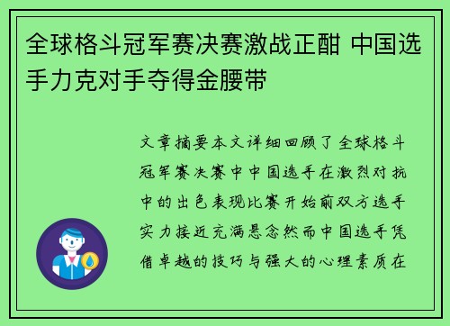 全球格斗冠军赛决赛激战正酣 中国选手力克对手夺得金腰带