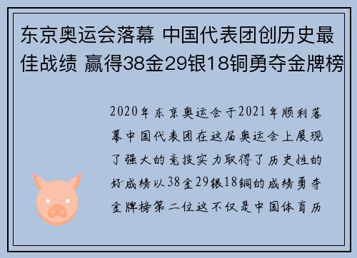 东京奥运会落幕 中国代表团创历史最佳战绩 赢得38金29银18铜勇夺金牌榜第二