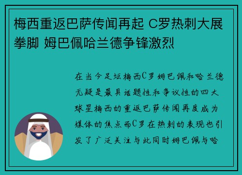 梅西重返巴萨传闻再起 C罗热刺大展拳脚 姆巴佩哈兰德争锋激烈