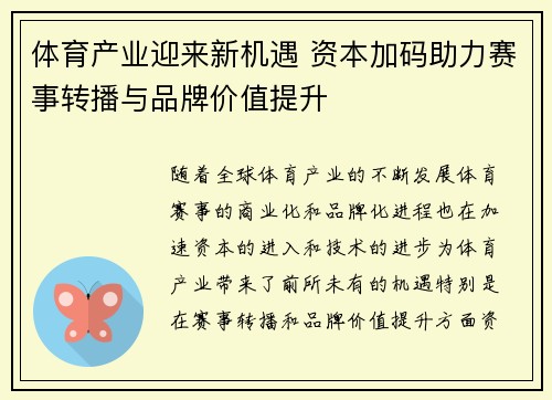 体育产业迎来新机遇 资本加码助力赛事转播与品牌价值提升